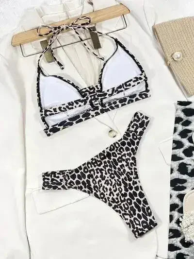 Leopard Cutout Halter Neck Bikini Set - Femstylo