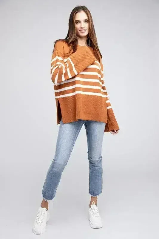 Ribbed Hem Stripe Sweater - Femstylo