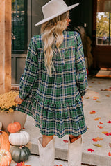Green Plaid Print Frill Neck Long Sleeve Mini Dress