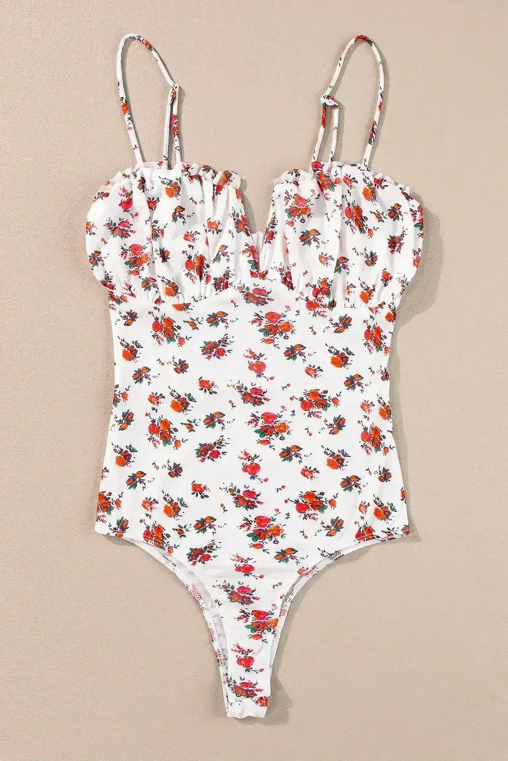 White Floral V Cut Frilled Trim Spaghetti Straps Bodysuit - Femstylo