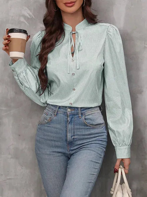 Striped Tie Neck Long Sleeve Blouse - Femstylo
