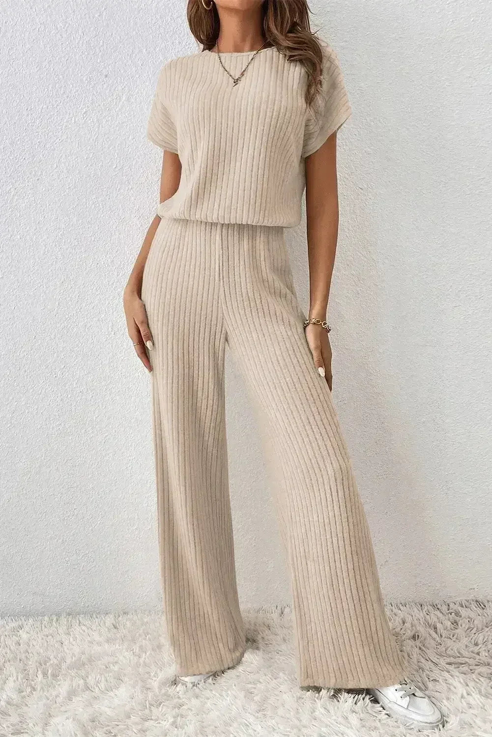 Rose Red Solid Color Ribbed Short Sleeve Wide Leg Jumpsuit - Femstylo
