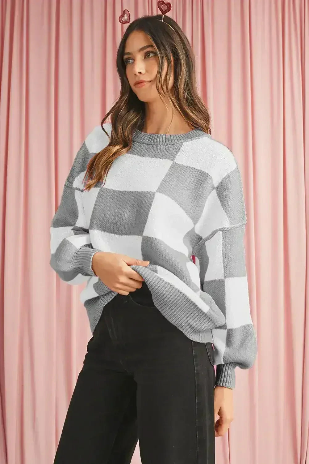Green Checkered Bishop Sleeve Pullover Sweater - Femstylo