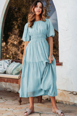 Light Blue Puff Sleeve High Waist Flowy Midi Dress