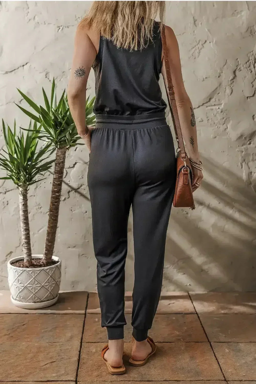 Black Casual Tank Style Tie Waist Pocketed Jogger Jumpsuit - Femstylo