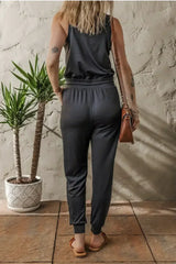 Black Casual Tank Style Tie Waist Pocketed Jogger Jumpsuit - Femstylo