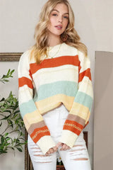 White Striped Color Block Drop Shoulder Knit Sweater - Femstylo