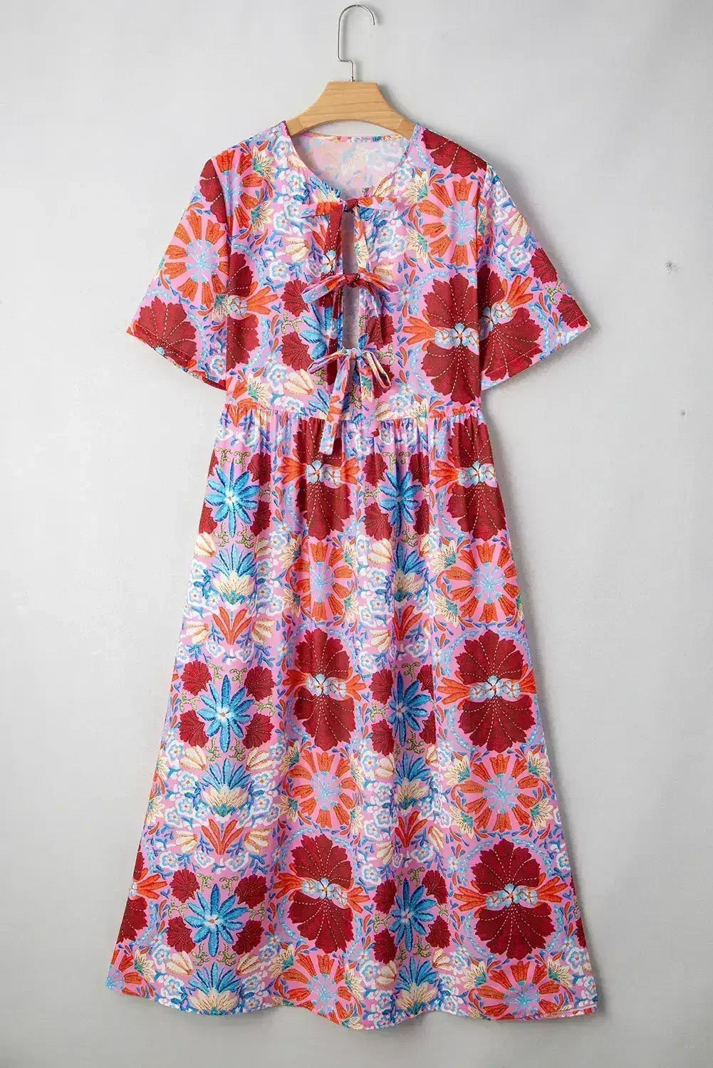 Rose Floral Print Tie Front High Waist Loose Midi Dress - Femstylo