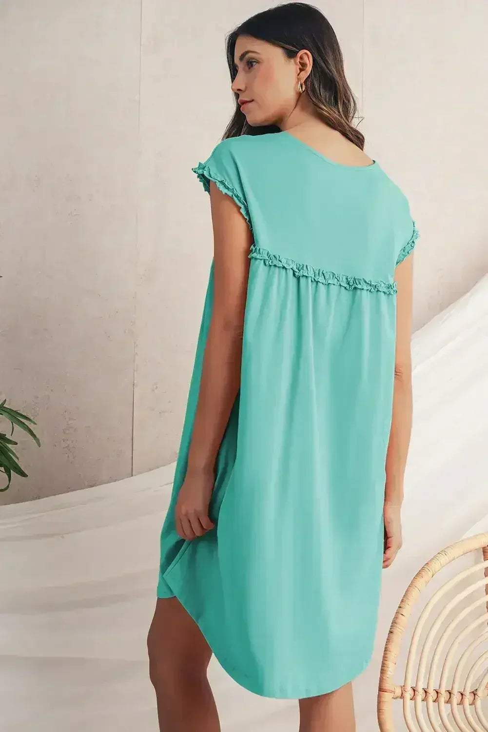 Oatmeal Frilled Trim Crewneck Loose Fit Mini Dress - Femstylo