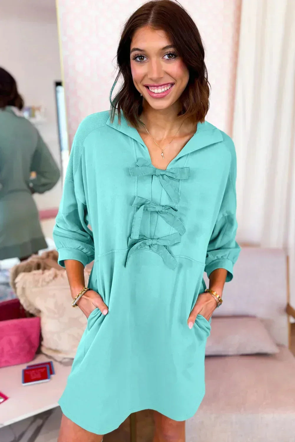 Moonlight Jade Bow Front Patchwork Bracelet Sleeve Mini Dress