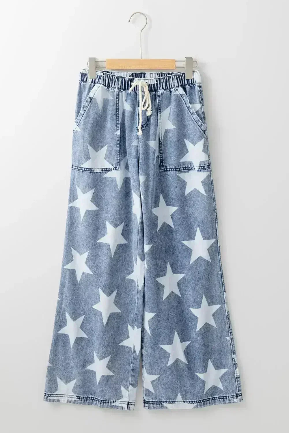Light Blue Star Print Light Wash Drawstring High Waist Wide Leg Jeans - Femstylo