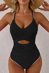 Rose Red Ric Rac Trim Colorblock Cutout One Piece Swimsuit