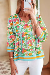 Green Floral Print Striped Trim Puff Sleeve Babydoll Blouse - Femstylo