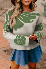 Green Flower Pattern Drop Sleeve Baggy Sweater