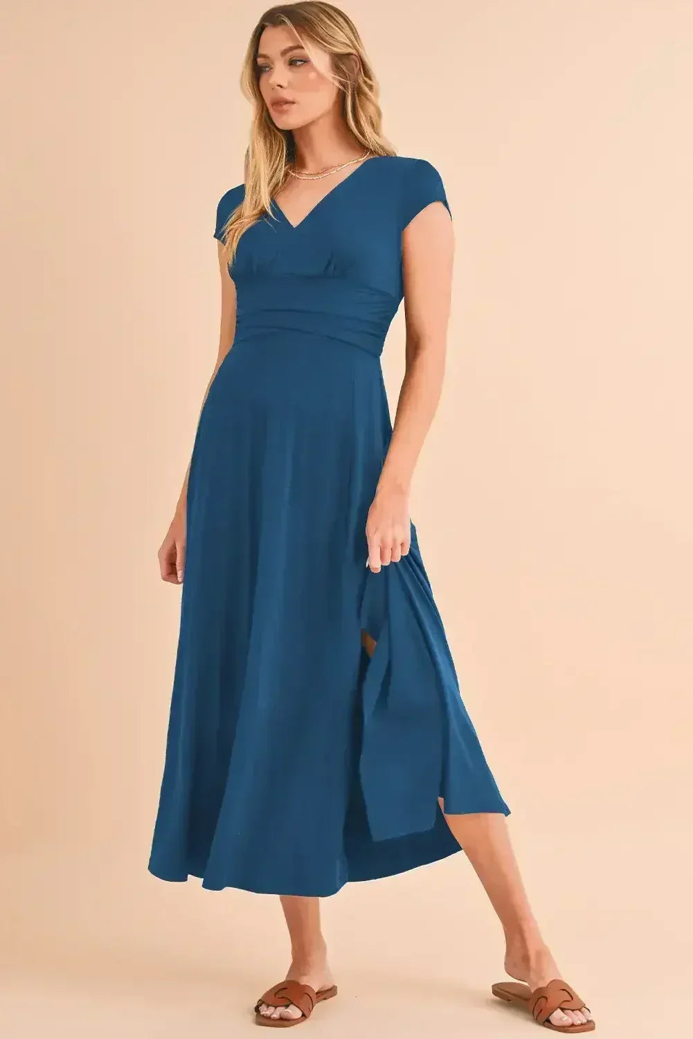 Black Deep V Neck Ruched High Waist Midi Dress - Femstylo