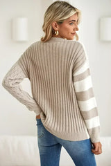 Khaki Cable Knit Colorblock Crew Neck Drop Shoulder Sweater - Femstylo
