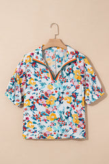 Peacock Blue Floral Print Boho Pop of Color Neckline Blouse