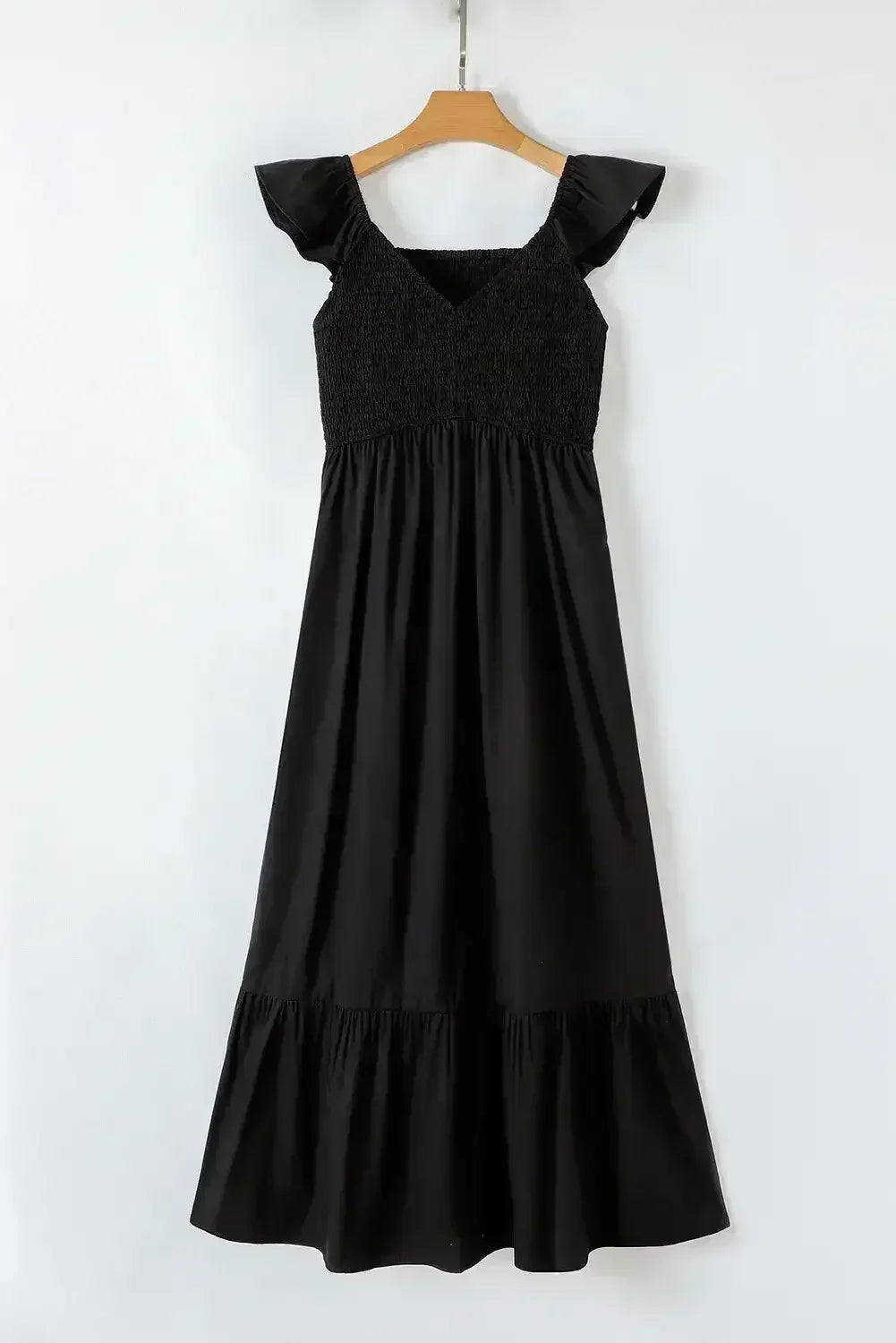 Black V Neck Flutter Sleeve Smocked Bodice High Waist Ruffle Maxi Dress - Femstylo