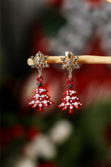 Fiery Red Pearl Embellished Christmas Tree Snowflake Earrings