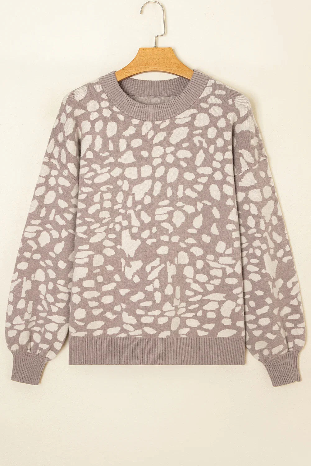 Gray Leopard Spots Pattern Ribbed Trim Drop Shoulder Sweater