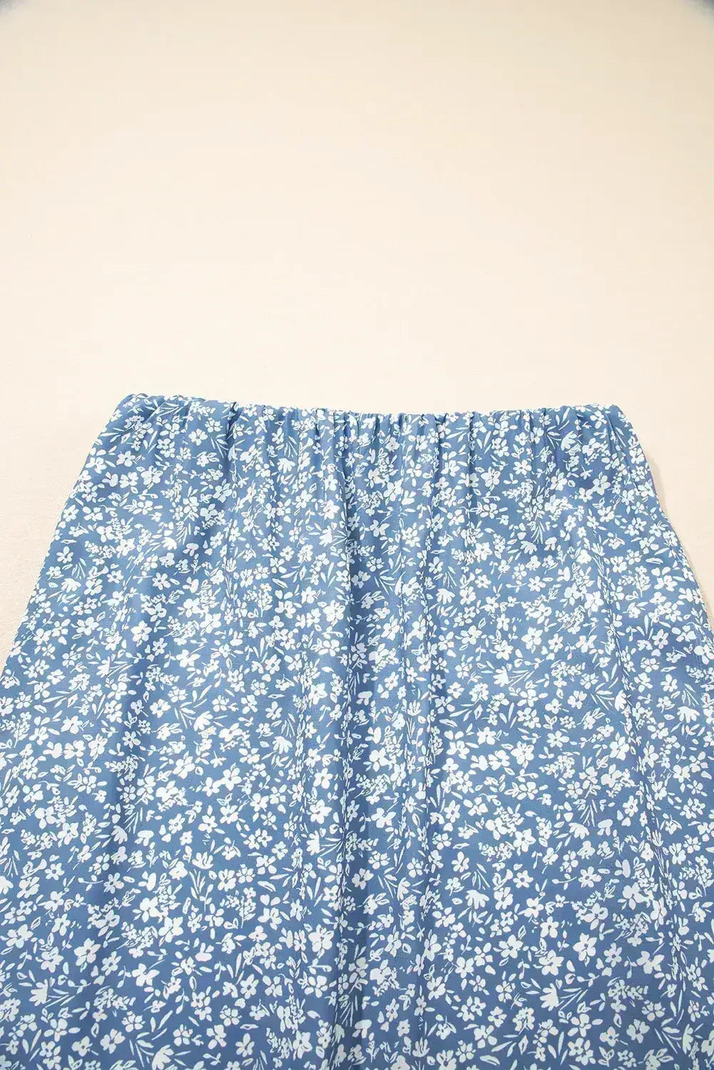 Sky Blue Boho Floral High Waist Side Split Long Skirt - Femstylo