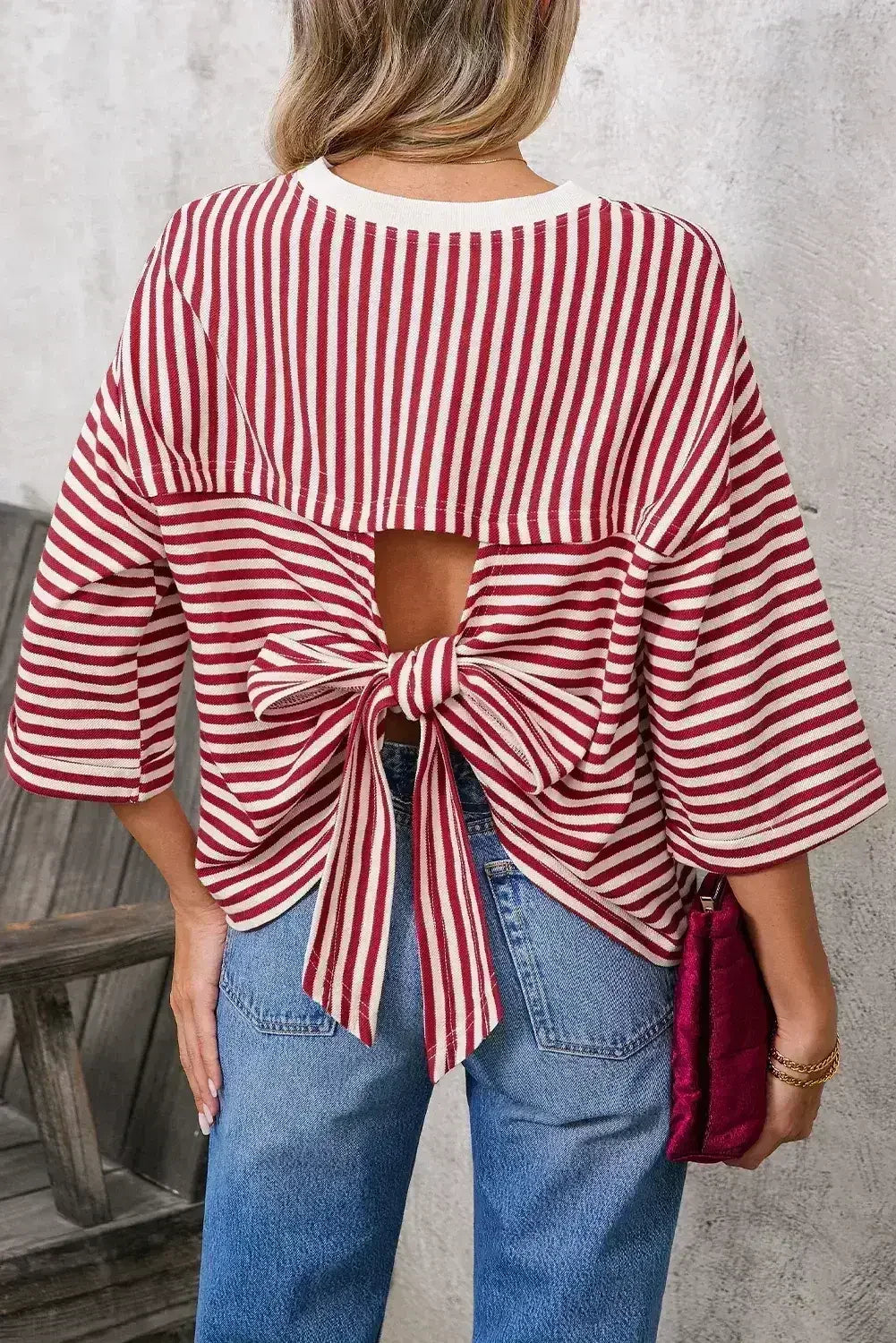 Black Stripe Bowknot Backless T-Shirt - Femstylo