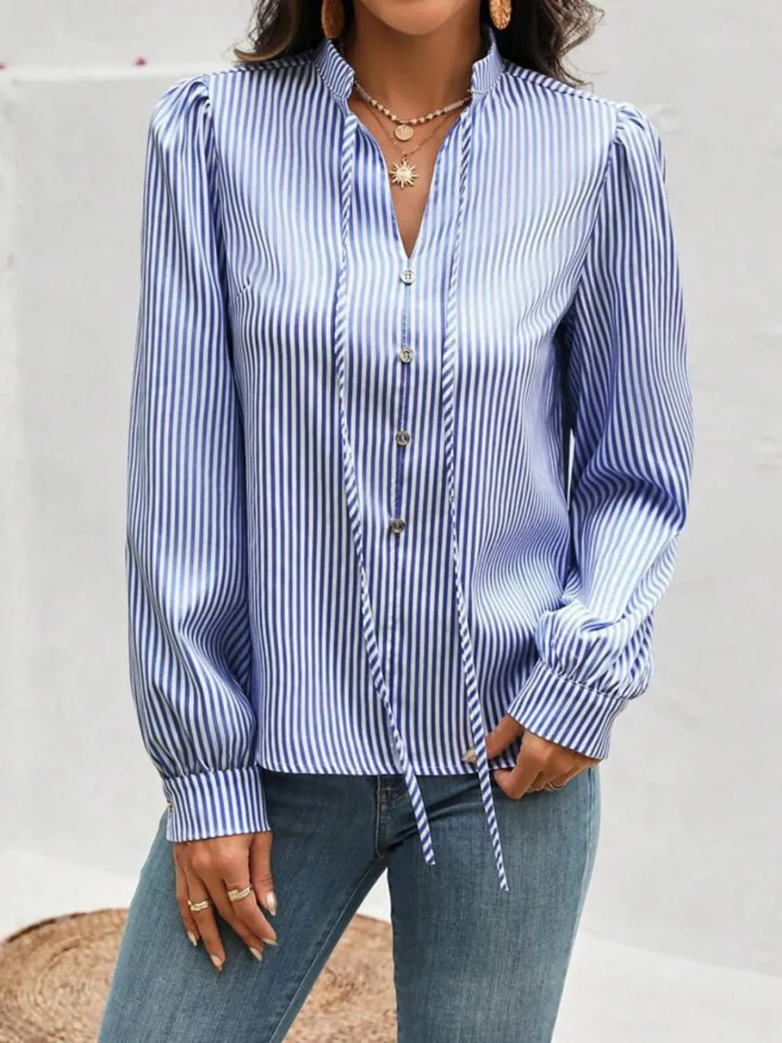 Striped Tie Neck Long Sleeve Blouse - Femstylo