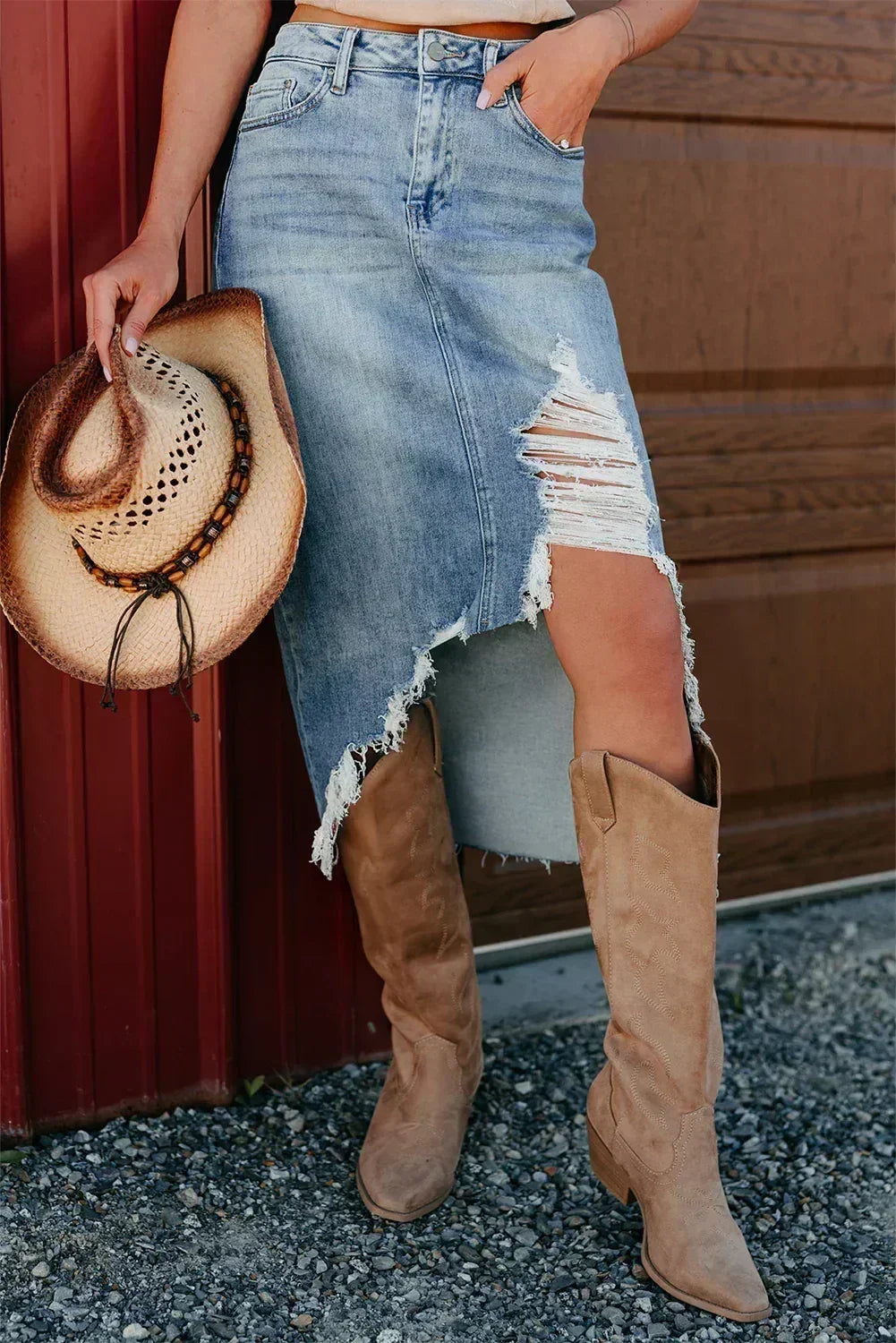 Myosotis Irregular Distressed Hem Denim Midi Skirt - Femstylo