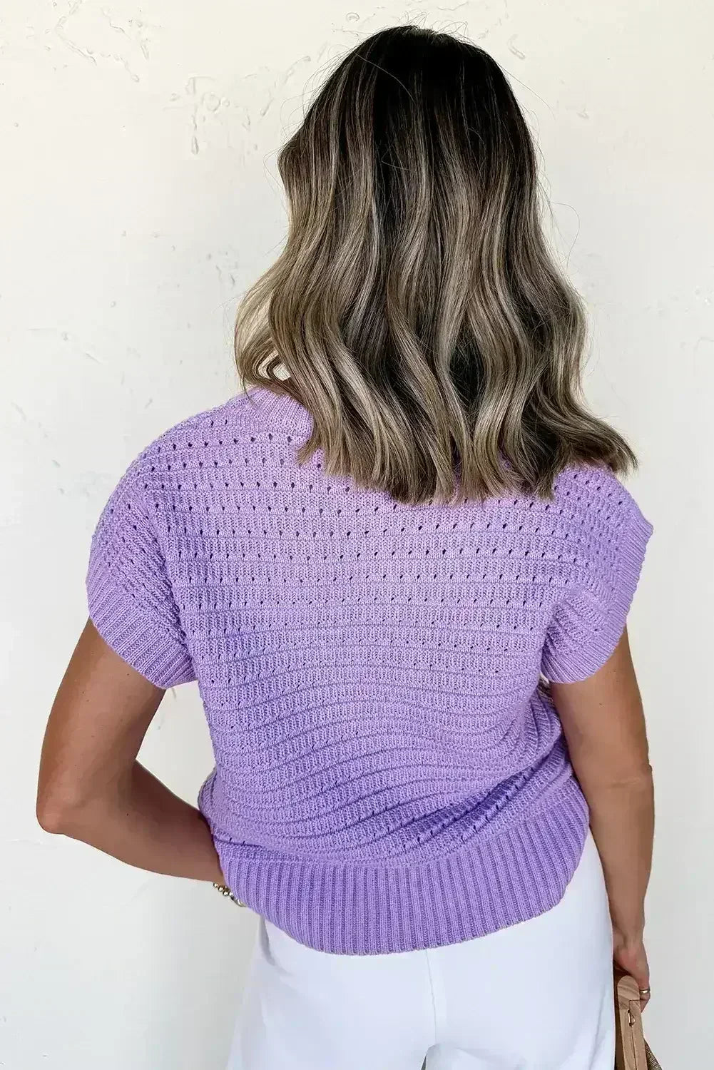 Lavendula Solid Color Ribbed Trim Pointelle Knit Top - Femstylo