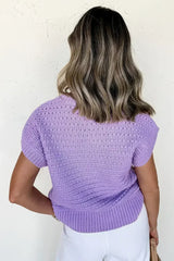Lavendula Solid Color Ribbed Trim Pointelle Knit Top - Femstylo