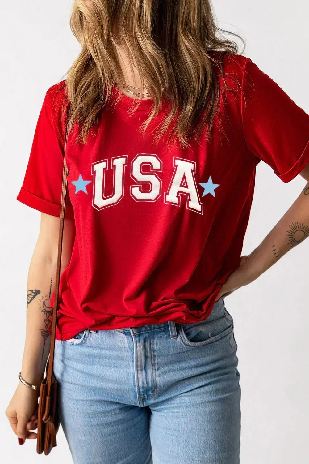 Red Star USA Print Crewneck T Shirt