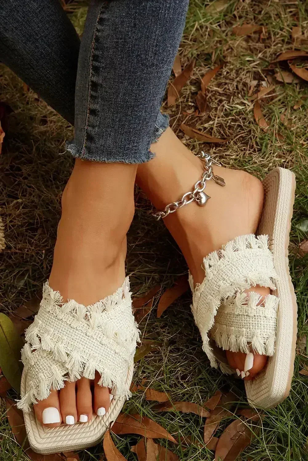 Beige Tassel Woven Crossed Straps Flat Slides Shoes - Femstylo
