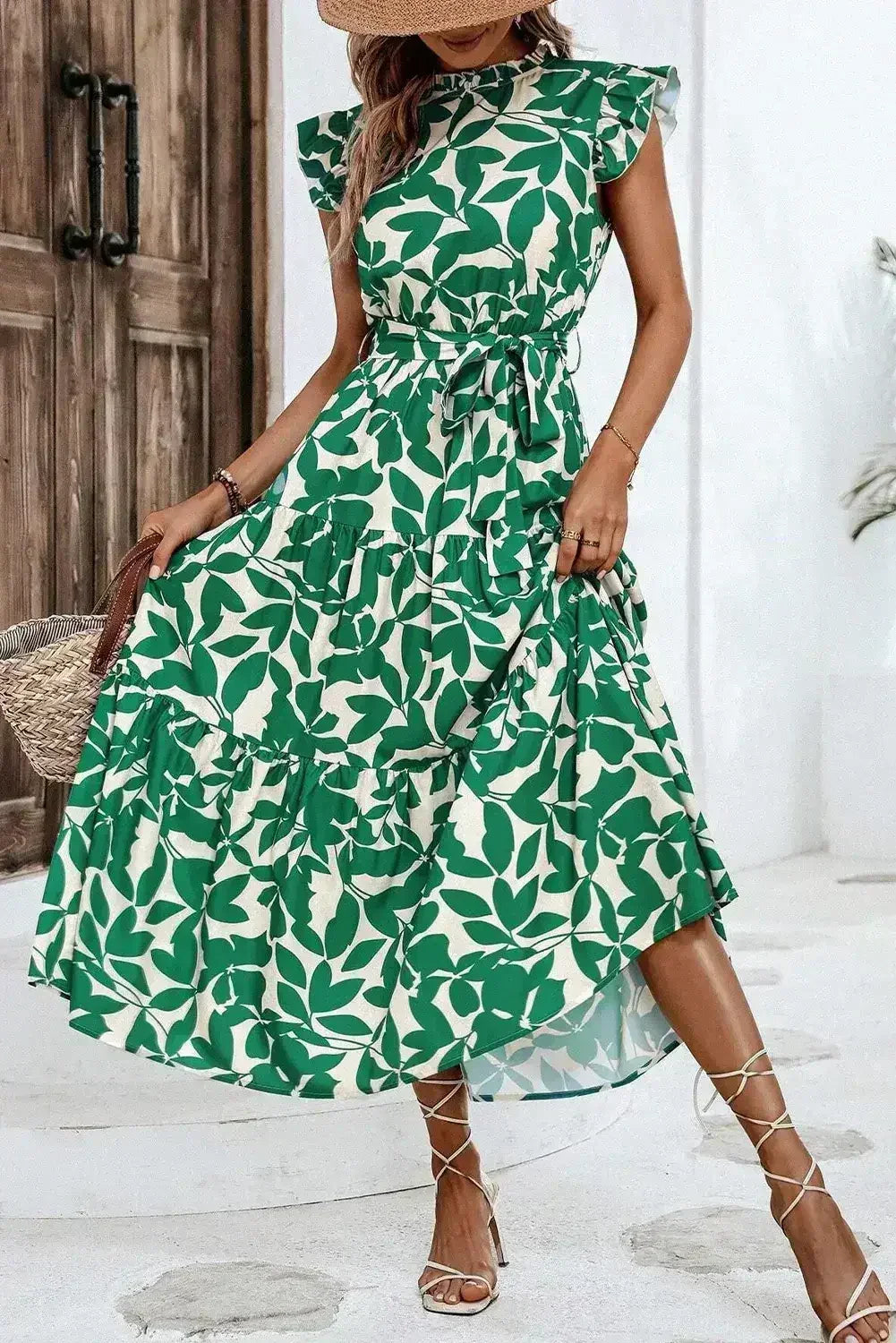 Green Leaf Print Ruffle Mock Neck High Waist Sleeveless Dress - Femstylo