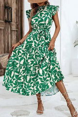 Green Leaf Print Ruffle Mock Neck High Waist Sleeveless Dress - Femstylo