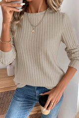 Ribbed Texture Round Neck Long Sleeve Rounded Hem Top