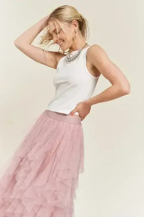 LAYERED POLKA DOT MESH LINED A-LINE MIDI SKIRT - Femstylo