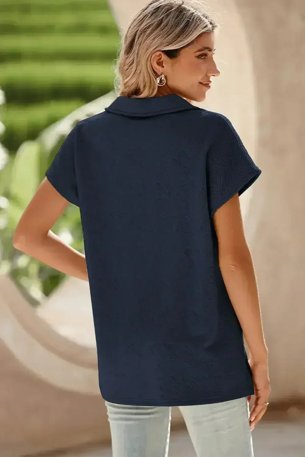 White Textured V Neck Collared Split Hem T Shirt - Femstylo