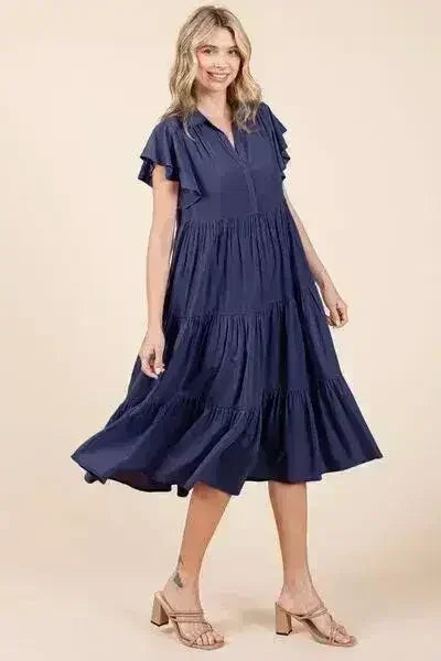 Mittoshop Ruffle Sleeve Collared V Neck Tiered Midi Dress - Femstylo