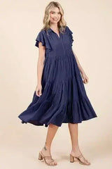 Mittoshop Ruffle Sleeve Collared V Neck Tiered Midi Dress - Femstylo