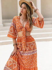 Printed Plunge Half Sleeve Top and Skirt Set - Femstylo