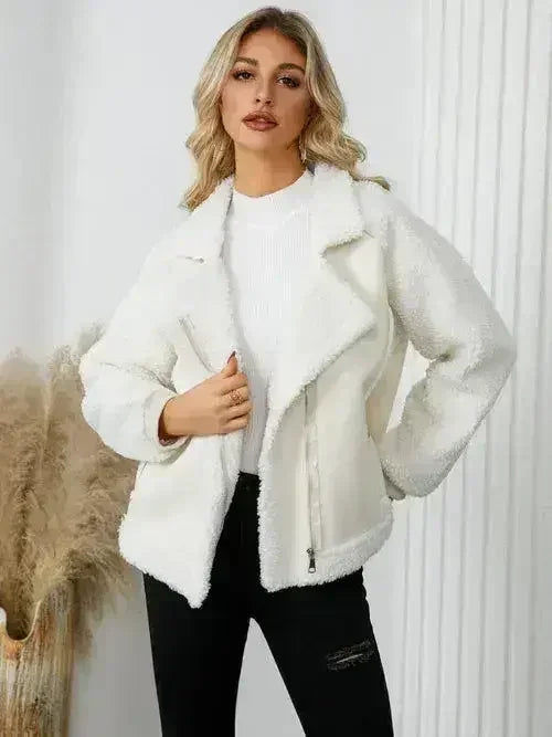 Pocketed Sherpa Zip Up Long Sleeve Jacket - Femstylo