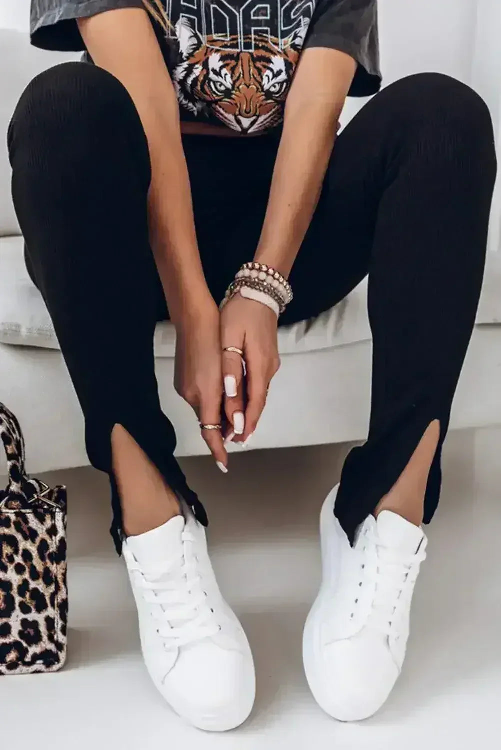 Black Casual Slit Rib Knit High Waisted Leggings - Femstylo