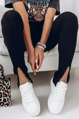 Black Casual Slit Rib Knit High Waisted Leggings - Femstylo