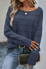 Real Teal Boat Neck Drop Shoulder Pointelle Knit Sweater - Femstylo