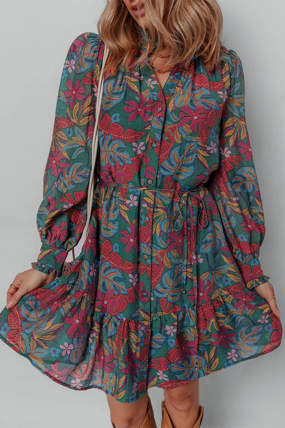 Green Floral Frill V Neck Puff Sleeve Ruffle Mini Dress