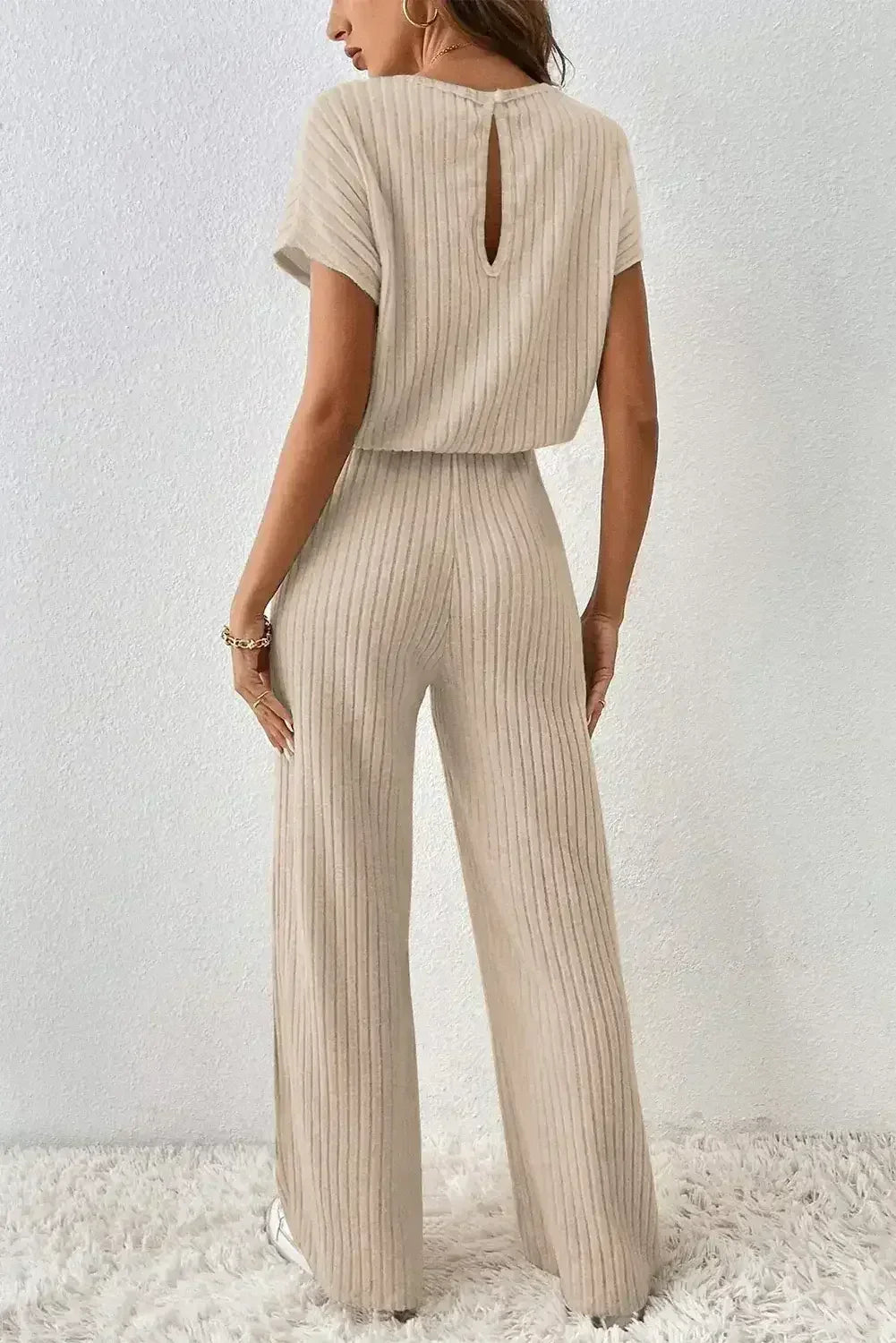 Rose Red Solid Color Ribbed Short Sleeve Wide Leg Jumpsuit - Femstylo