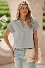 White Textured V Neck Collared Split Hem T Shirt - Femstylo