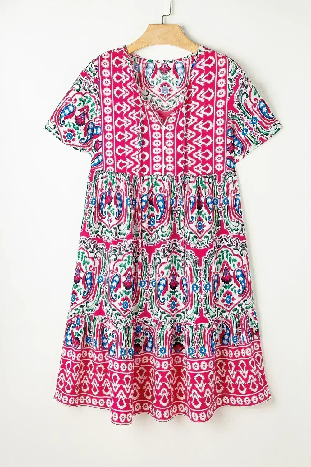 Pink Bohemian Tie Neck Flounce Sleeve Ruffle Hem Mini Dress - Femstylo