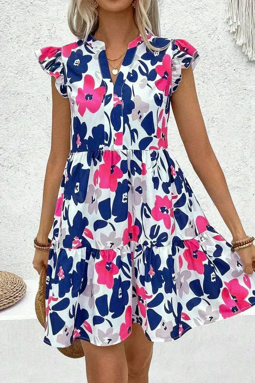 Rose Floral Print Notched Neck Flutter Sleeve Mini Dress - Femstylo