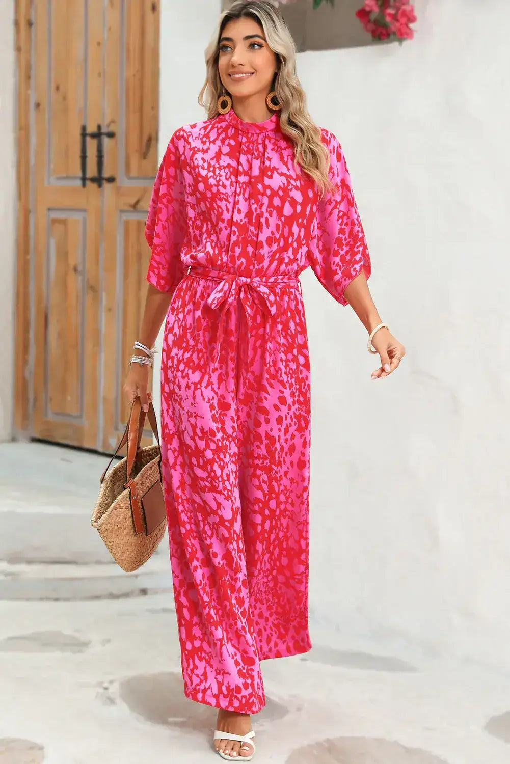 Rose Leopard Print Tulip Sleeve Belted Wide Leg Jumpsuit